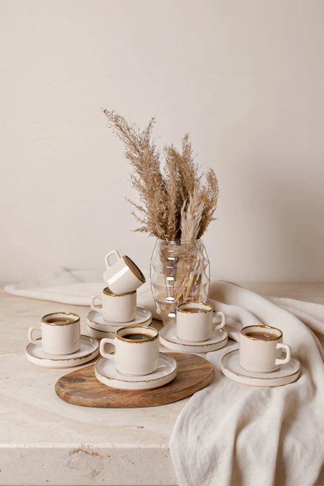 Hermia Juego de Tazas de Té de 12 Piezas Crema y Canela